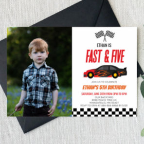 Fast & Five Red Flame Race Car 5th Birthday Party Invitation