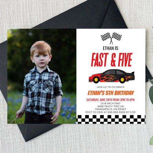 Fast  Five Red Flame Race Car 5th Birthday Party Invitation