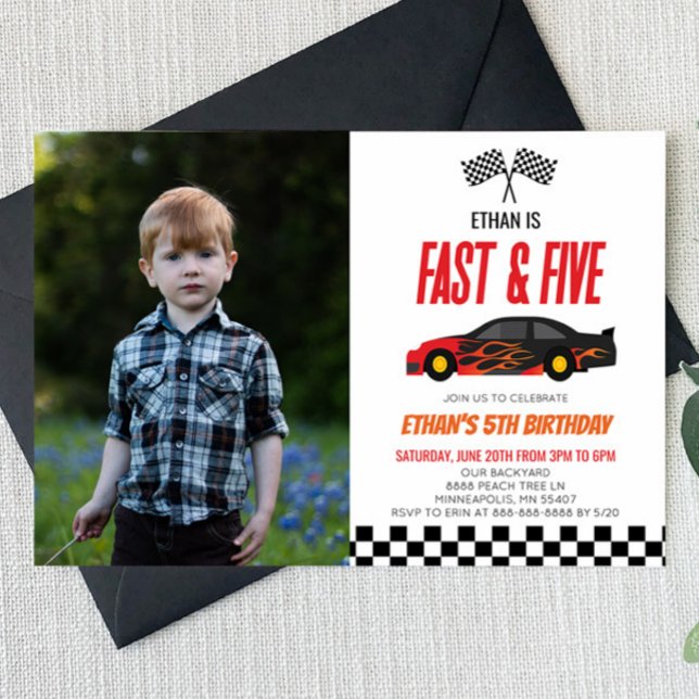Fast & Five Red Flame Race Car 5th Birthday Party Invitation (Creator Uploaded)
