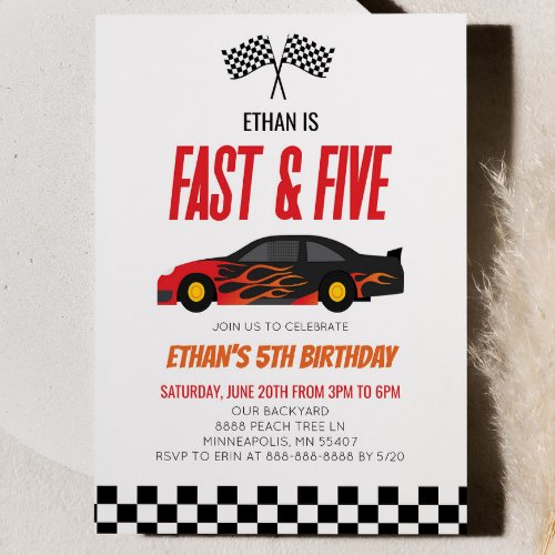 Fast  Five Red Flame Race Car 5th Birthday Party Invitation