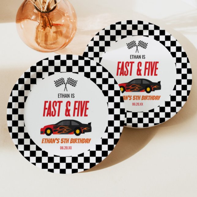 Fast & Five Red Flame Race Car 5th Birthday Party Paper Plates (Creator Uploaded)