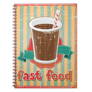 Fast food background with drink in retro style notebook