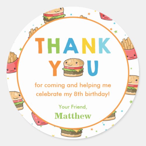 Fast Food Burger Birthday Party Thank You Favor Classic Round Sticker