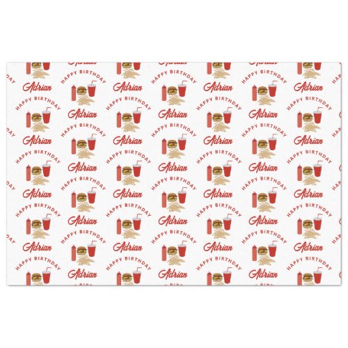 Fast Food Burger Fries Pattern Birthday Name Tissue Paper
