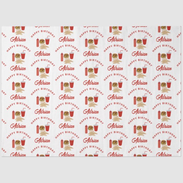 Fast Food Burger Fries Pattern Birthday Name Tissue Paper (Front)