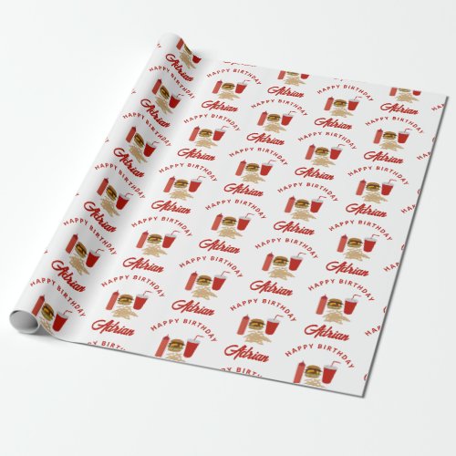 Fast Food Burger Fries Pattern Birthday Name Wrapping Paper