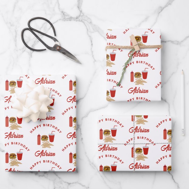 Fast Food Burger Fries Pattern Birthday Name Wrapping Paper Sheets (Front)