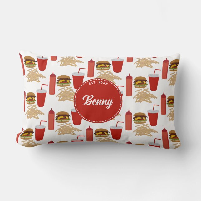 Fast Food Burger Fries Pattern Monogram Lumbar Pillow (Front)