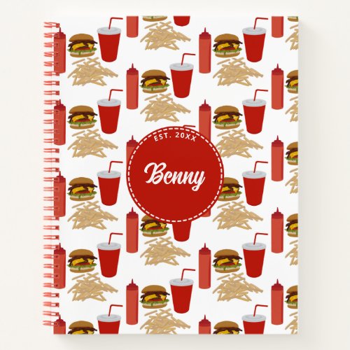 Fast Food Burger Fries Pattern Monogram Notebook