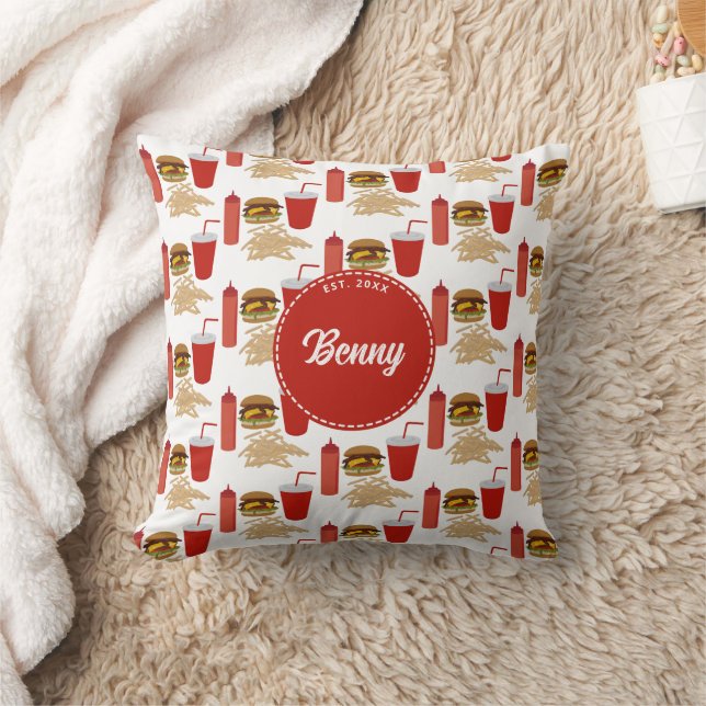 Fast Food Burger Fries Pattern Monogram Throw Pillow (Blanket)