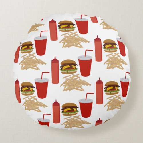Fast Food Burger Fries Pattern Round Pillow