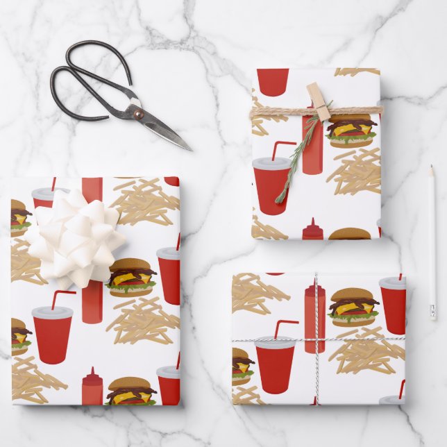Fast Food Burger Fries Pattern Wrapping Paper Sheets (Front)