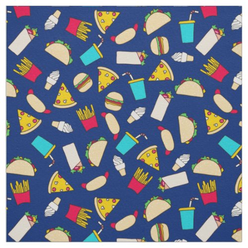 Fast Food Burgers Fries Pizza Tacos Ice Cream Blue Fabric