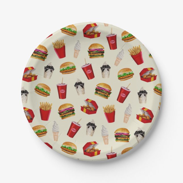 Fast Food Burgers, Fries, Sundaes Paper Plates (Front)