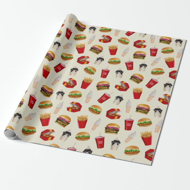 Fast Food Burgers, Fries, Sundaes Wrapping Paper (Unrolled)
