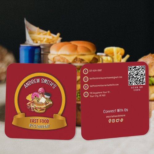 Fast Food Company Restaurant Custom Logo  QR Code Square Business Card