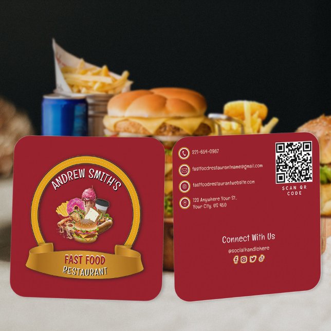 Fast Food Company Restaurant Custom Logo | QR Code Square Business Card (Creator Uploaded)