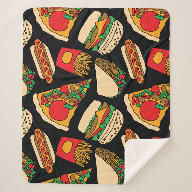 Fast Food Fiesta: Vintage Pattern Isolation Sherpa Blanket (Front)