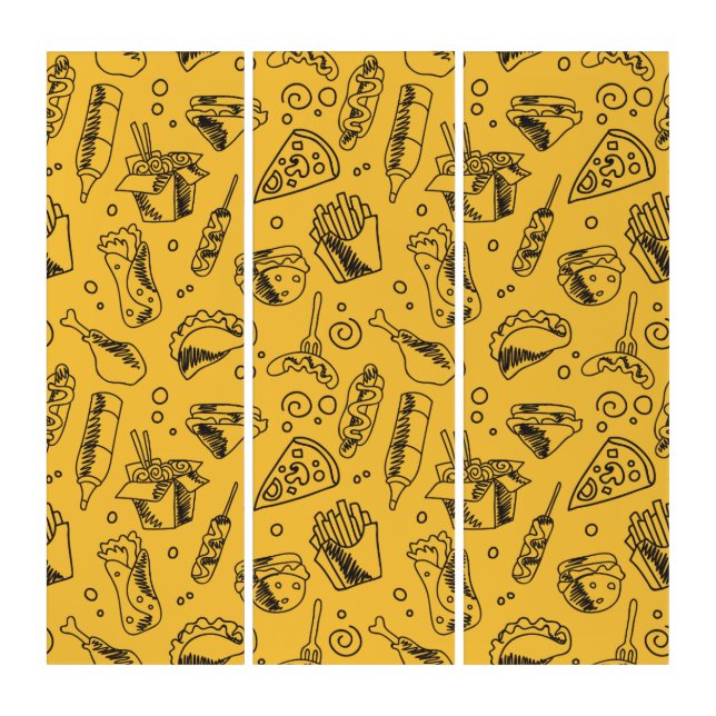 Fast Food Hamburger Fries Hot Dog Chicken Pattern Triptych (Front)