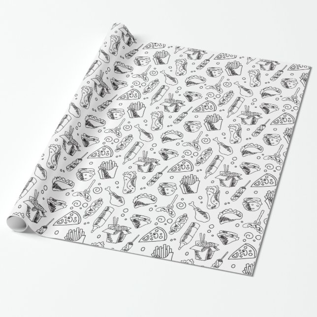 Fast Food Hamburger Fries Hot Dog Chicken Pattern Wrapping Paper (Unrolled)