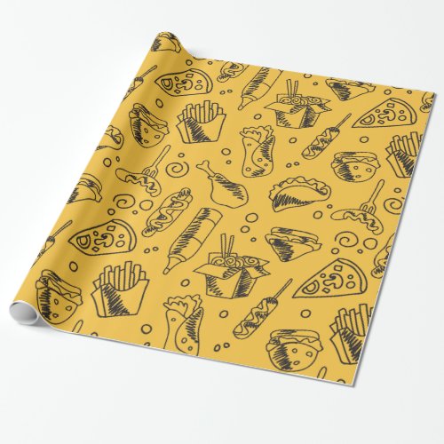 Fast Food Hamburger Fries Hot Dog Chicken Pattern Wrapping Paper