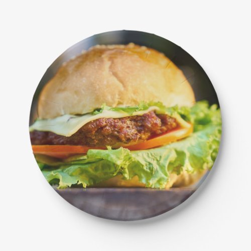 Fast food hamburger photo in color  paper plates