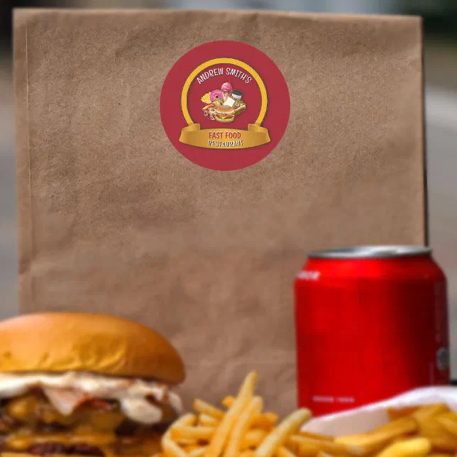 Fast Food Restaurant Custom Logo Name and Icons Classic Round Sticker ...