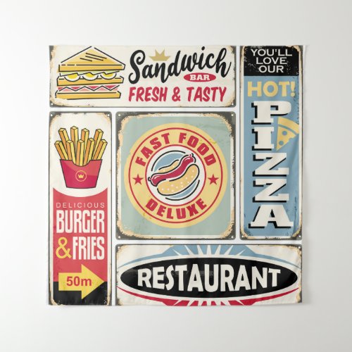 Fast food restaurants and diners retro signs colle tapestry