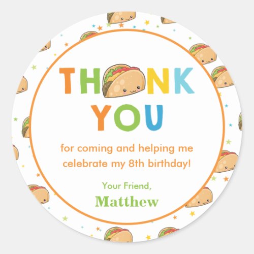 Fast Food Taco Boy Birthday Party Thank You Favor Classic Round Sticker