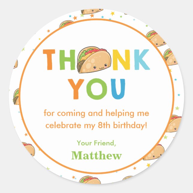 Fast Food Taco Boy Birthday Party Thank You Favor Classic Round Sticker (Front)