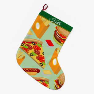 Fast Food Themed Christmas Pizza Burger Colorful Large Christmas Stocking