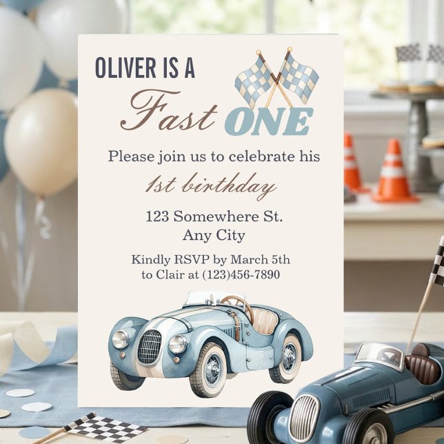 Fast One 1st Birthday Blue Race Car Boy Invitation (Fast One 1st Birthday Blue Race Car Boy Invitation)