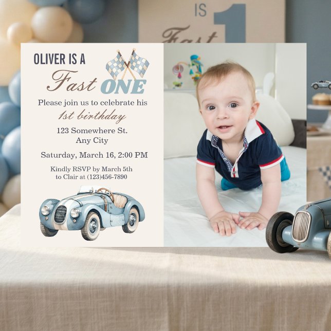 Fast One 1st Birthday Blue Race Car Boy Photo  Invitation (Fast One 1st Birthday Photo Invitation )