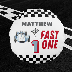 Fast One 1st birthday Boy Racing Car Round Pillow