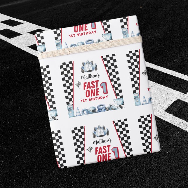 Fast One 1st birthday Boy Racing Car  Wrapping Paper (Creator Uploaded)
