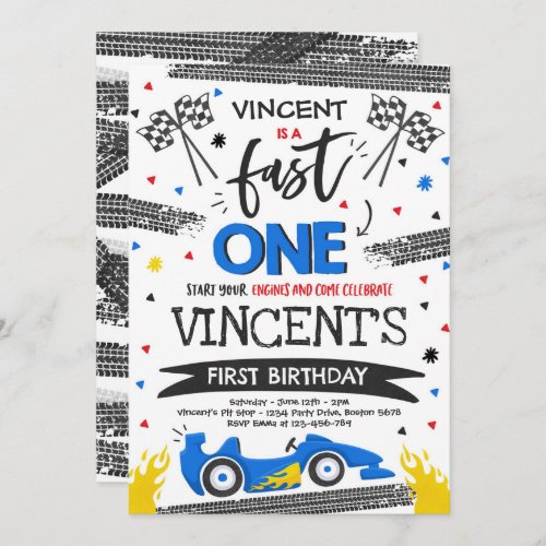 Fast One 1st Birthday Party Blue Race Car Fast One Invitation