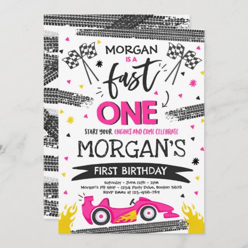 Fast One 1st Birthday Party Pink Race Car Fast One Invitation