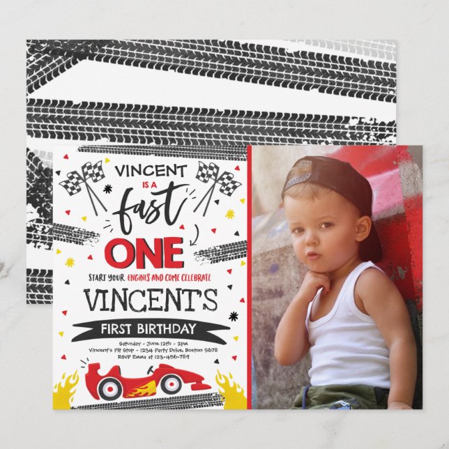 Fast One 1st Birthday Party Red Race Car Fast One Invitation (Front/Back)