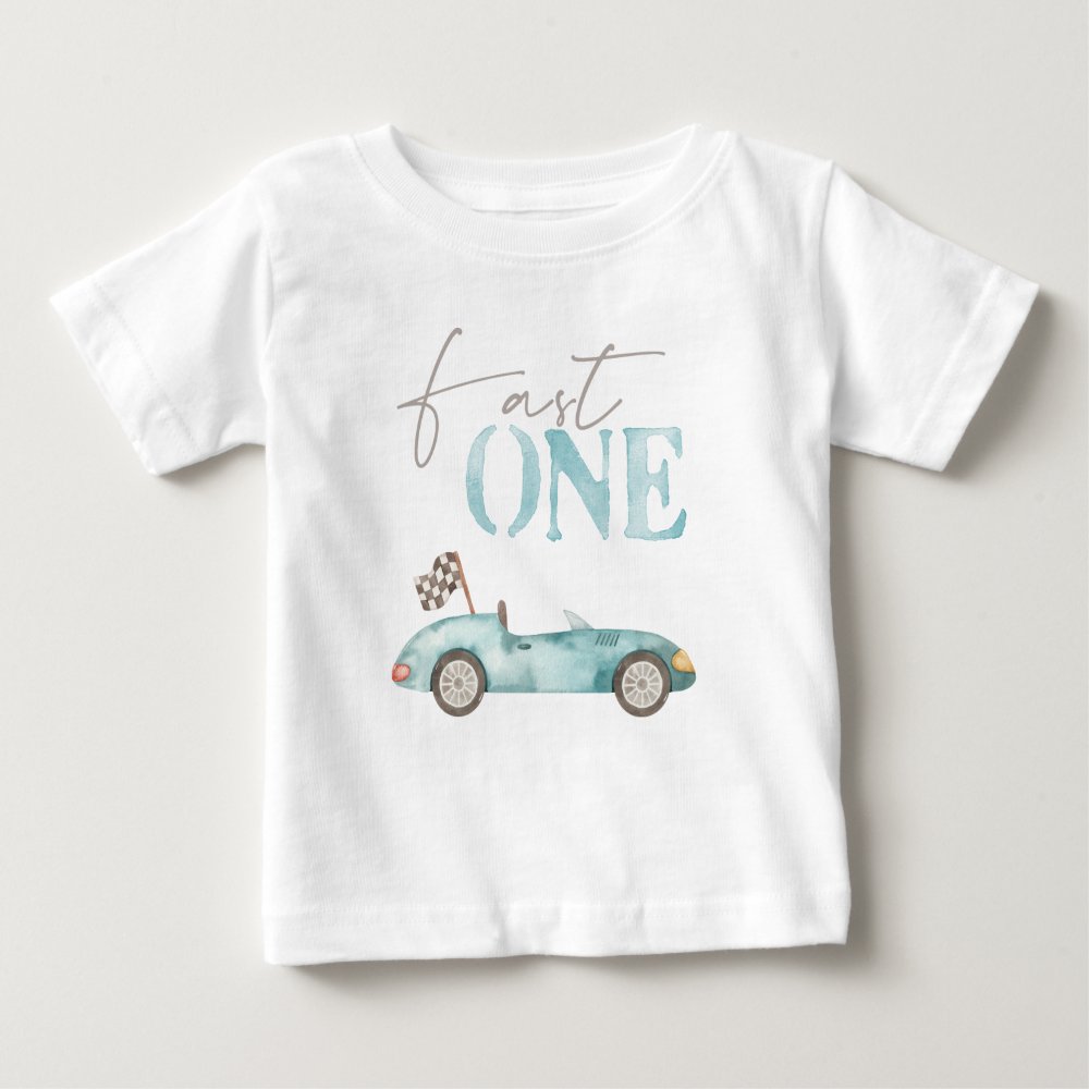 Discover Fast One Baby Blue Race Car Birthday T-shirt