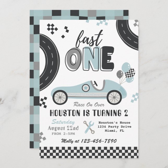 Fast ONE Birthday Invitation | Vintage Racing (Front/Back)