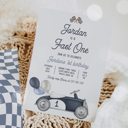 Fast One Birthday Party Blue Race Car 1st Birthday Invitation