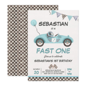 Fast One Birthday Party Blue Race Car 1st Birthday Invitation
