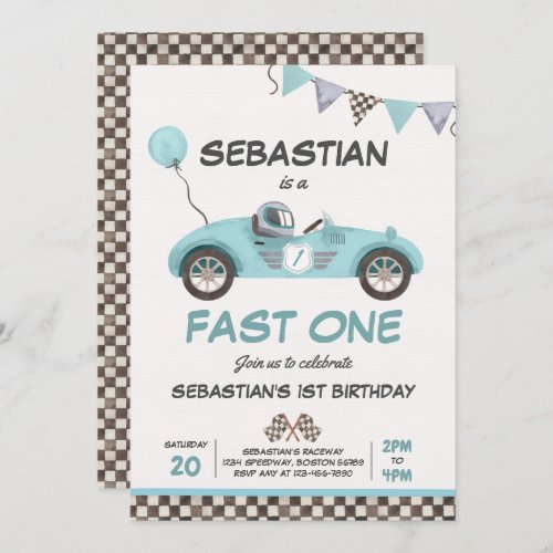 Fast One Birthday Party Blue Race Car 1st Birthday Invitation