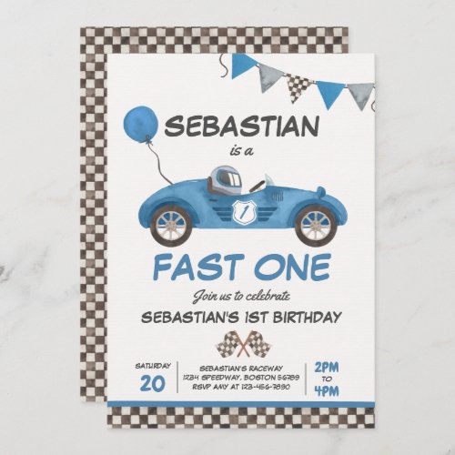 Fast One Birthday Party Blue Race Car 1st Birthday Invitation