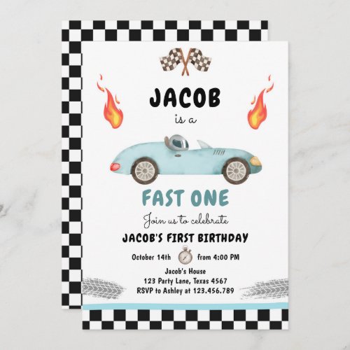 Fast One Birthday Party Race Car Blue 1st Birthday Invitation
