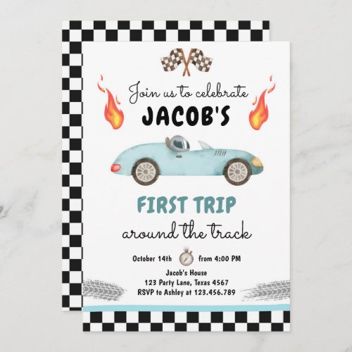 Fast One Birthday Party Race Car Blue 1st Birthday Invitation