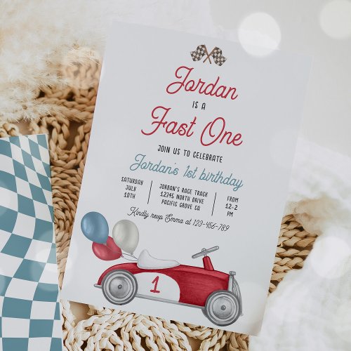 Fast One Birthday Party Red Race Car 1st Birthday Invitation