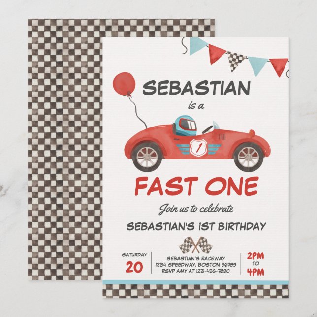 Fast One Birthday Party Red Race Car 1st Birthday Invitation (Front/Back)