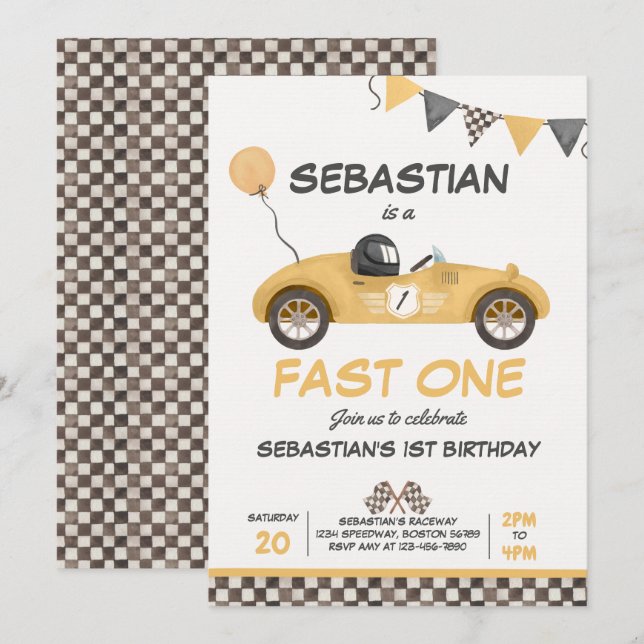 Fast One Birthday Party Yellow Race Car Birthday Invitation (Front/Back)