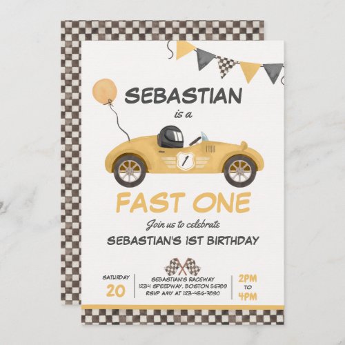 Fast One Birthday Party Yellow Race Car Birthday Invitation